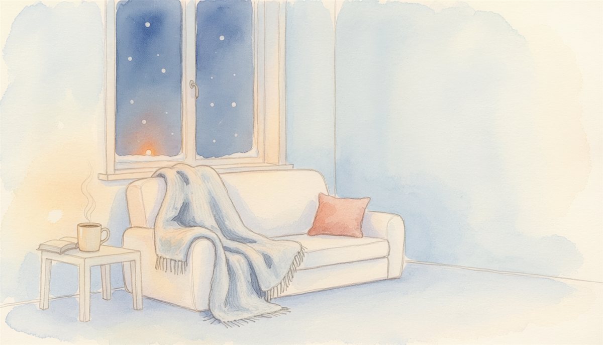 冬の夜のソファとブランケットの水彩イラスト