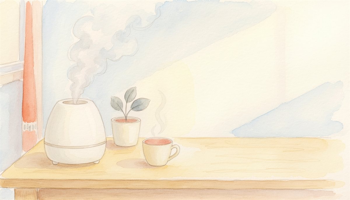 加湿器のある冬の朝の部屋の水彩イラスト