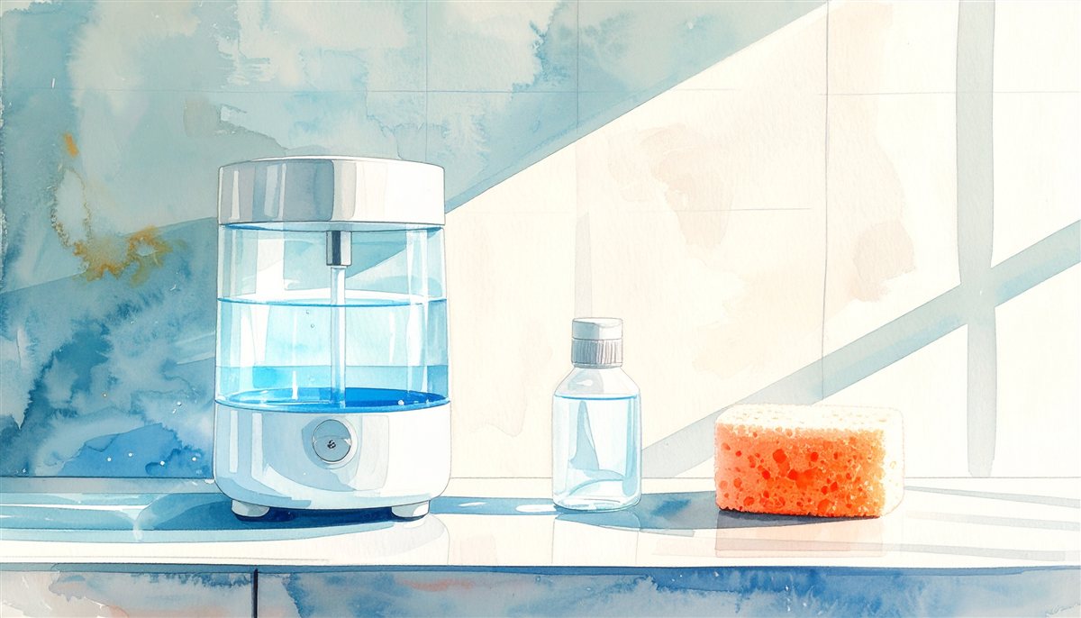 加湿器の水タンク・スポンジ・小瓶が並ぶ水彩イラスト