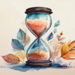 砂時計と秋の落ち葉の水彩イラスト（iPhone買い替えタイミングの記事アイキャッチ）