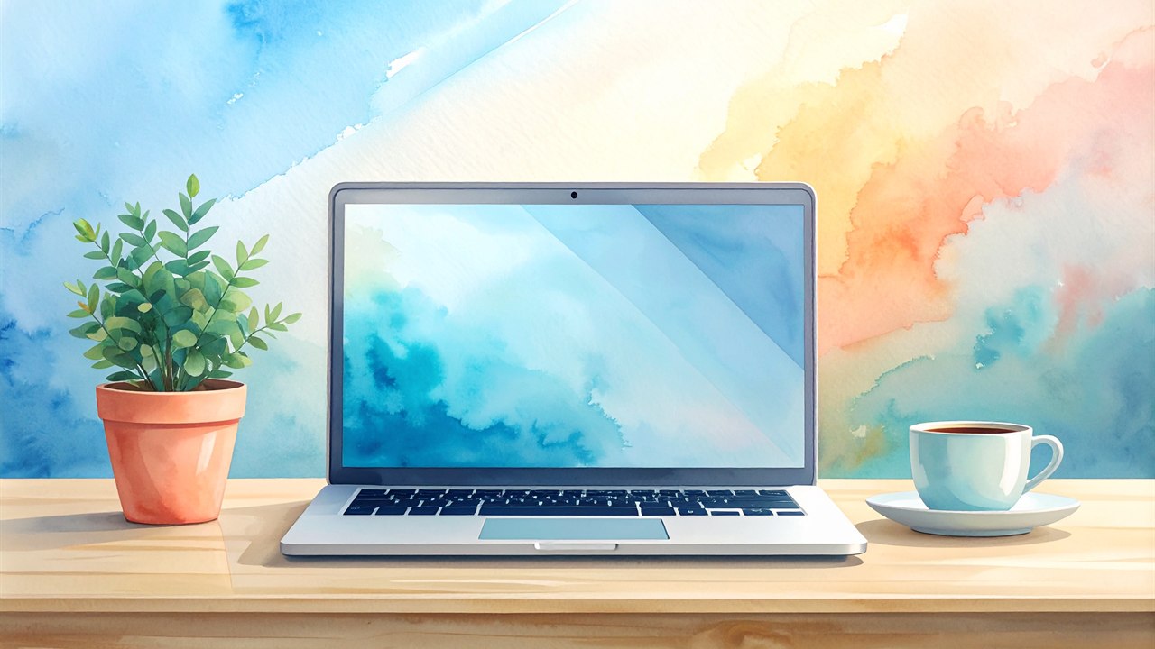 机の上のノートパソコンと観葉植物、コーヒーカップの水彩イラスト（Lenovoノートの選び方）