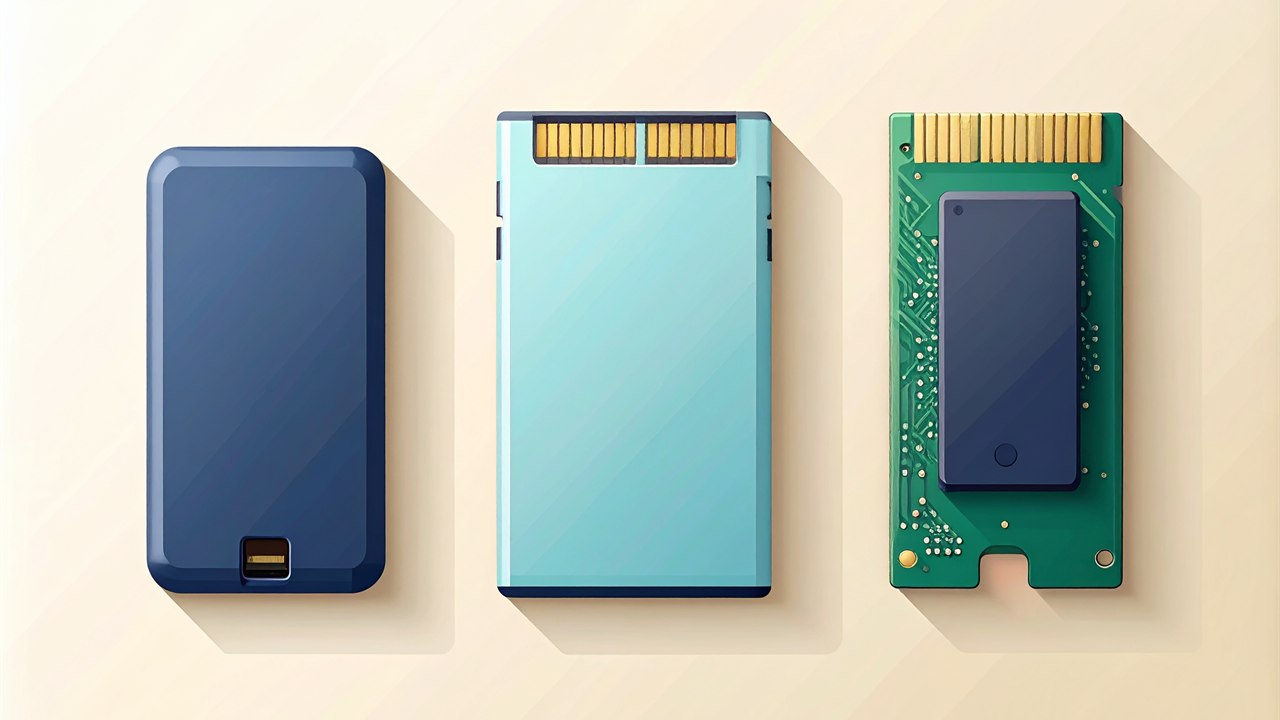 外付けポータブルSSD・2.5インチ内蔵SSD・M.2 SSDを並べたフラットイラスト（内蔵SSD・外付けSSDの選び方）