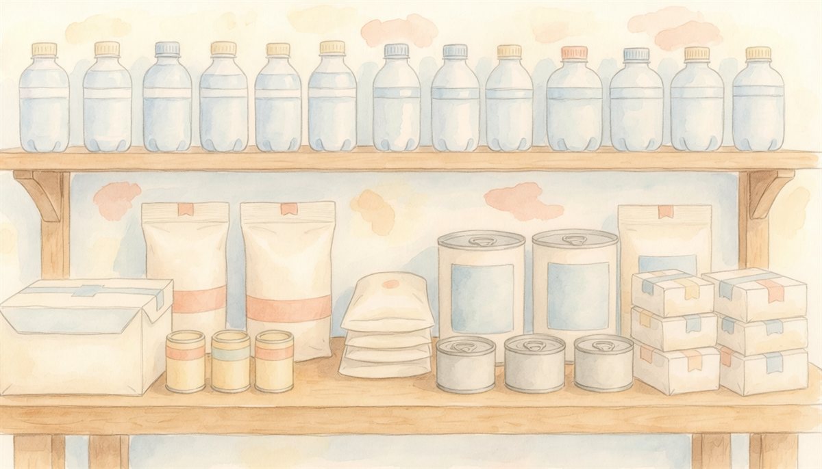棚に並んだ飲料水や非常食などの備蓄品の水彩イラスト